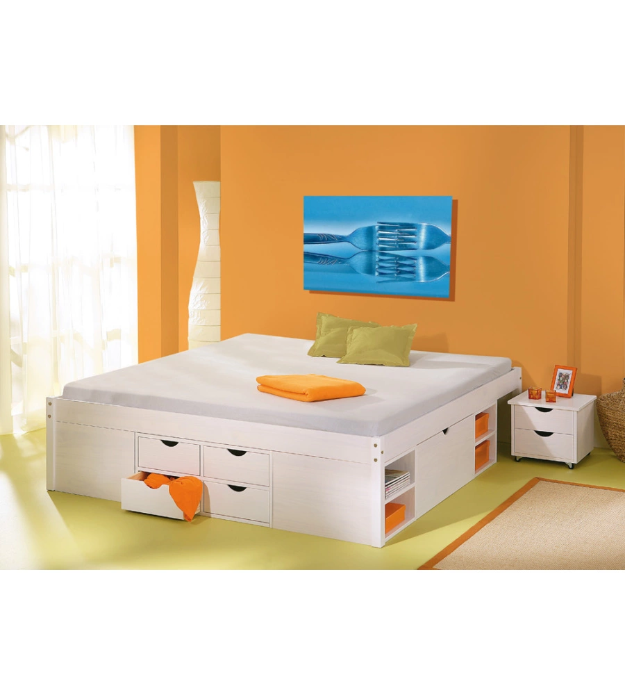 Letto matrimoniale con contenitori e comodini estraibili con ruote "Till" bianco 180x200 cm